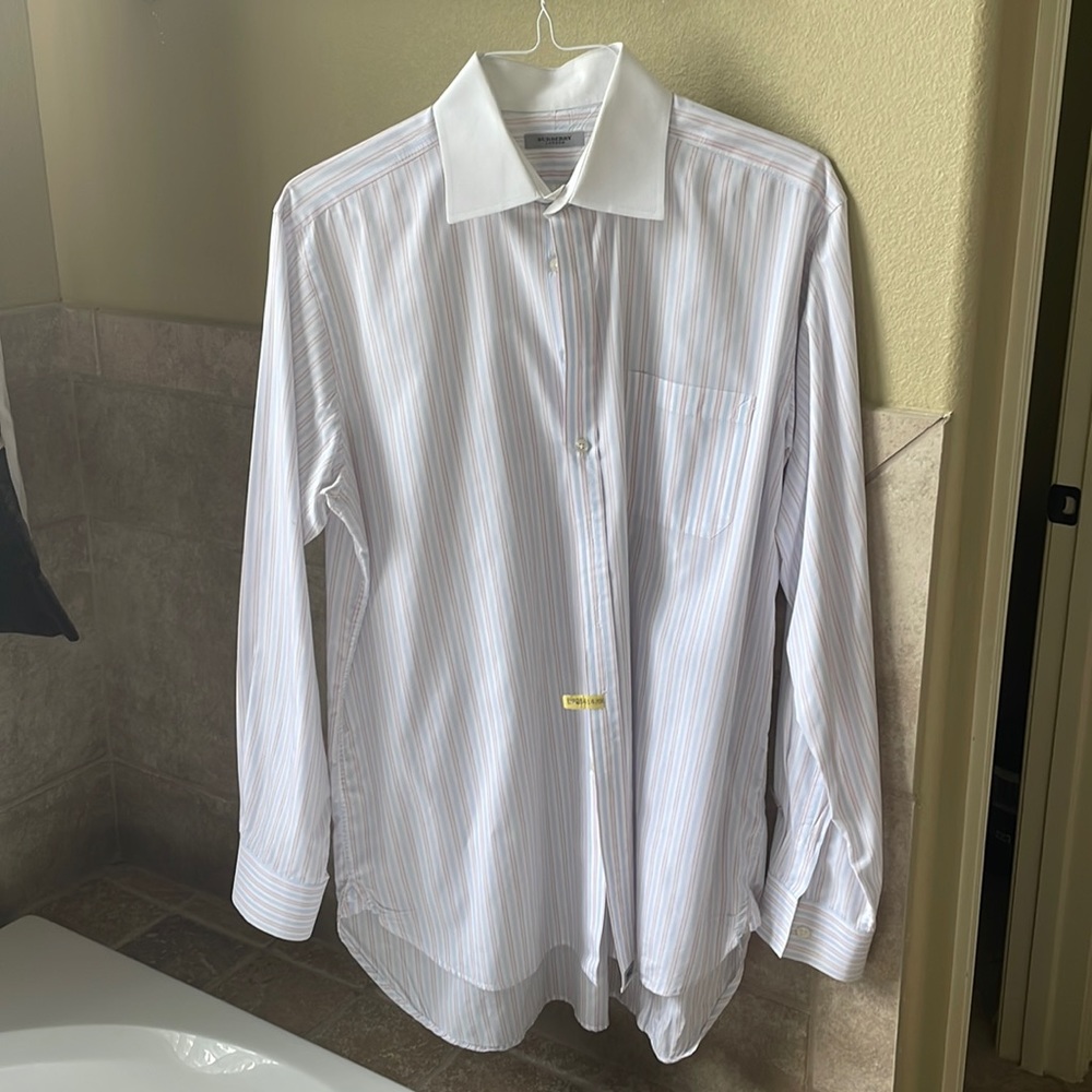 Burberry London dress shirt light blue and red striped. French cuffs